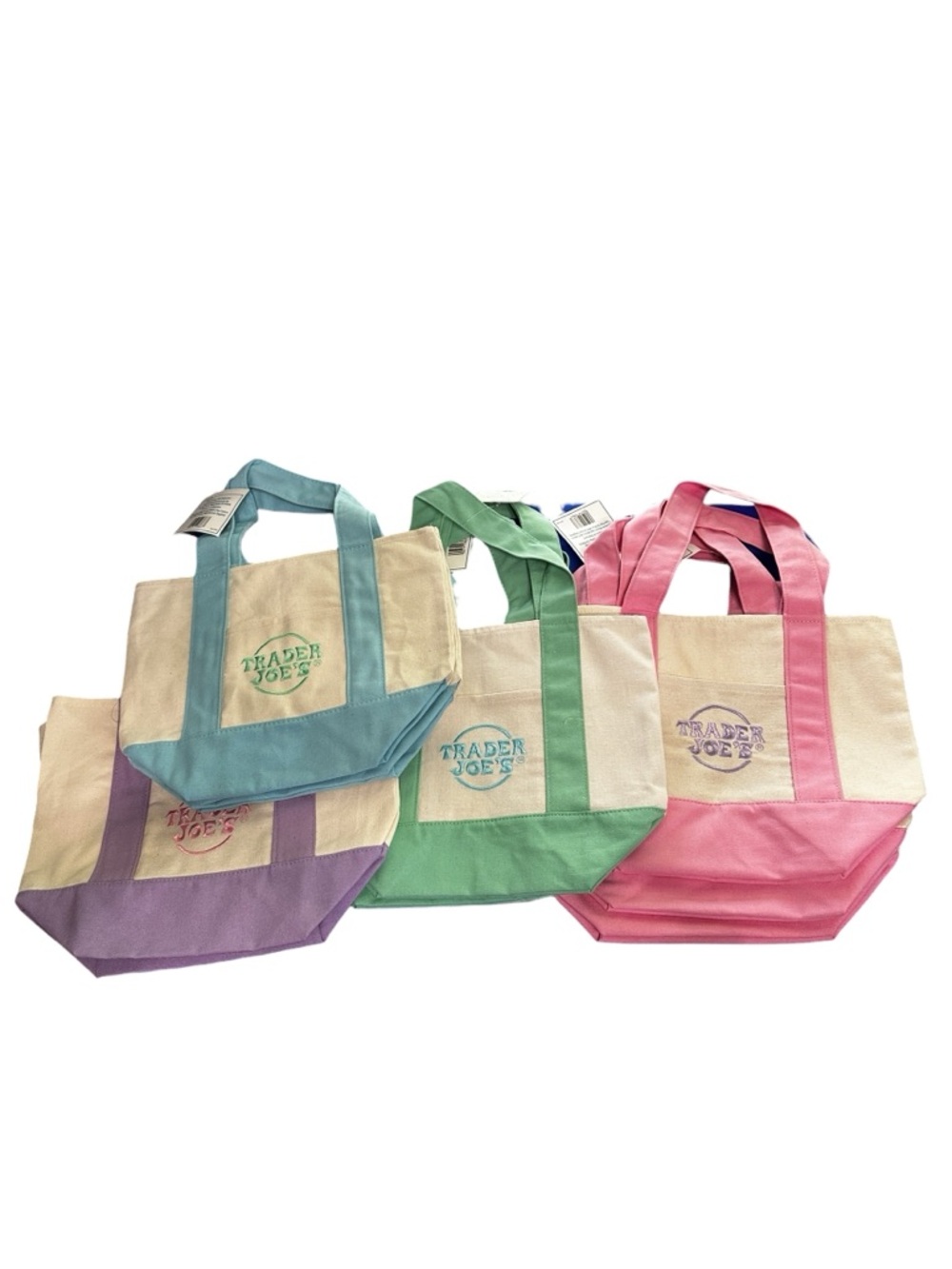 Trader Joe’s Mini Canvas Tote Bag Set 4 Pastel Pink Green Blue Purple NWT